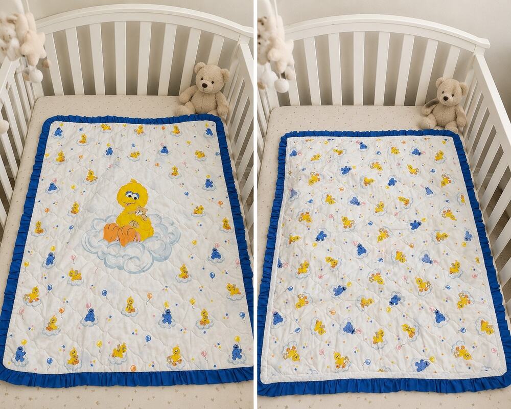 Vintage 1980s Sesame Street Big Bird Cookie Monster Handmade Baby Quilt